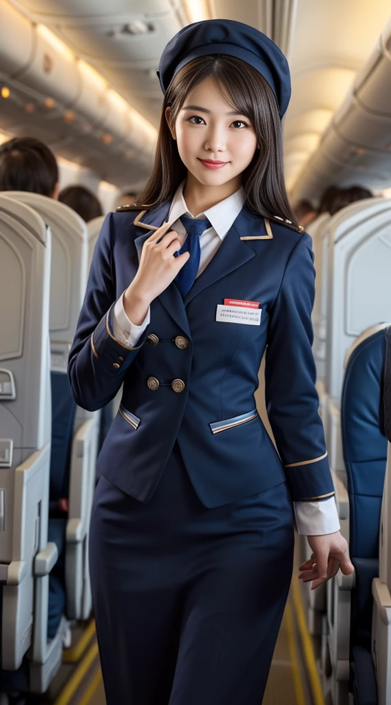 one japanese woman, Solo, 30-years old, hyperdetailed face, Detailed lips, A detailed eye, double eyelid eyes, fluffy brown eyes, (Black bob hair, Like an airplane stewardess, Do a good job), (Like an airplane stewardess:1.2), (Do a good job:1.2), (Dark blue single color stewardess uniform:1.4), (Wear a small and cute stewardess hat:1.2), (discret smile:1.2), Perfect image realism, Background with: (Business Class aisle on airplanes:1.2), In-depth background, detailed costume, Perfect litthing, Hyper-Realism, (Photorealistic:1.4), 8K maximum resolution, (masterpiece), Highly detailed, Professional