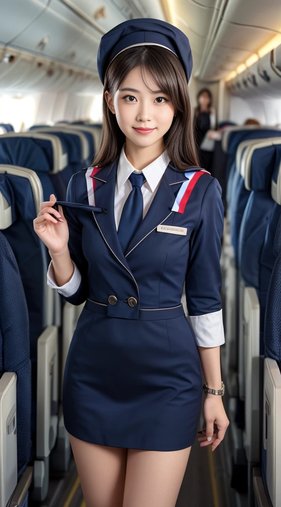 one japanese woman, Solo, 30-years old, hyperdetailed face, Detailed lips, A detailed eye, double eyelid eyes, fluffy brown eyes, (Black bob hair, Like an airplane stewardess, Do a good job), (Like an airplane stewardess:1.2), (Do a good job:1.2), (Dark blue single color stewardess uniform:1.4), (Wear a small and cute stewardess hat:1.2), (discret smile:1.2), Perfect image realism, Background with: (Business Class aisle on airplanes:1.2), In-depth background, detailed costume, Perfect litthing, Hyper-Realism, (Photorealistic:1.4), 8K maximum resolution, (​masterpiece), Highly detailed, Professional