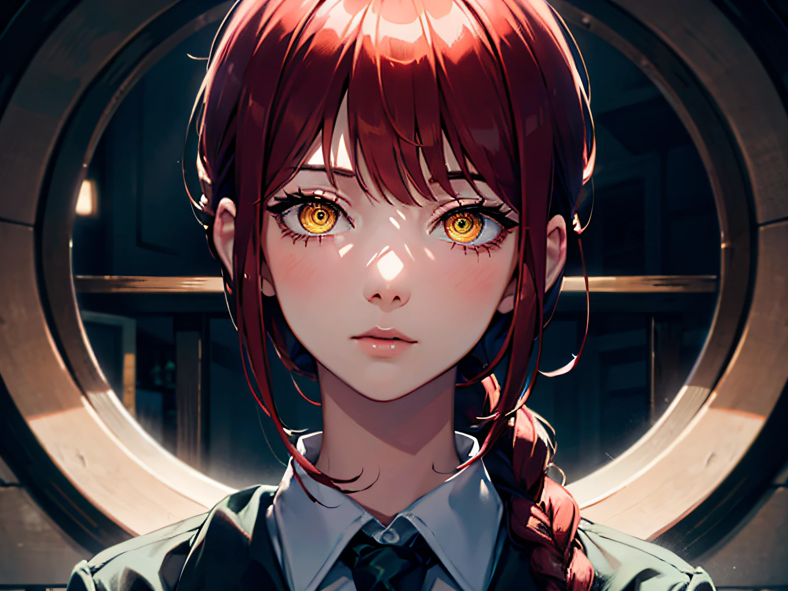 close up, dramatic lighting, makima, (Masterpiece, Best quality), 1girll, Beautiful face, shirt, Braid, braidedponytail, Collared shirt, White shirt, tiese, red hair, yellow eyes, looking at the camera