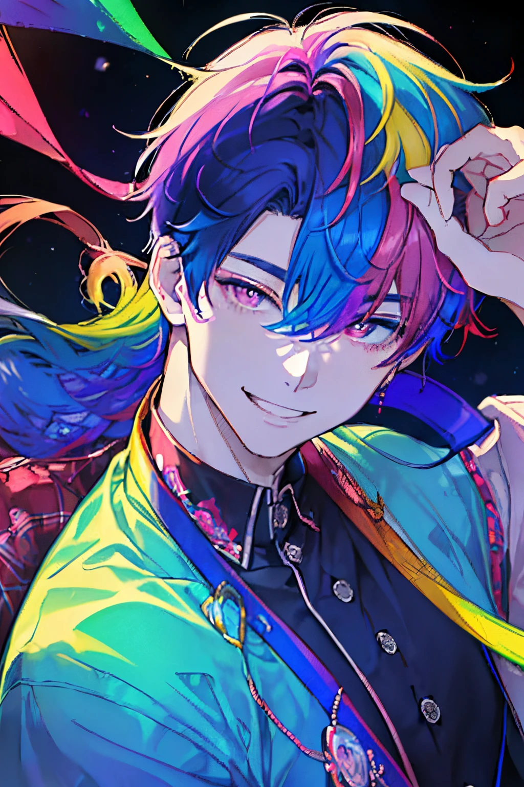 ((colorful rainbow hair)),((Shorthair)),((Curled Hair)),(huge smile),((Eyes with a mixture of colorful colors)),(plaid long sleeve tops),Slight red tide,((Put your hands on your face)),((he shines brightly.)),((Covered with rainbow colorful roses)),(((close up of face))),((sturdy collar and leash)),(extra large moonlit night),((Late night outdoor)),(The whole thing is enveloped in a faint light),((Perspective from above)),((Smile with your mouth wide open)),((Boy)),((Adult male)),