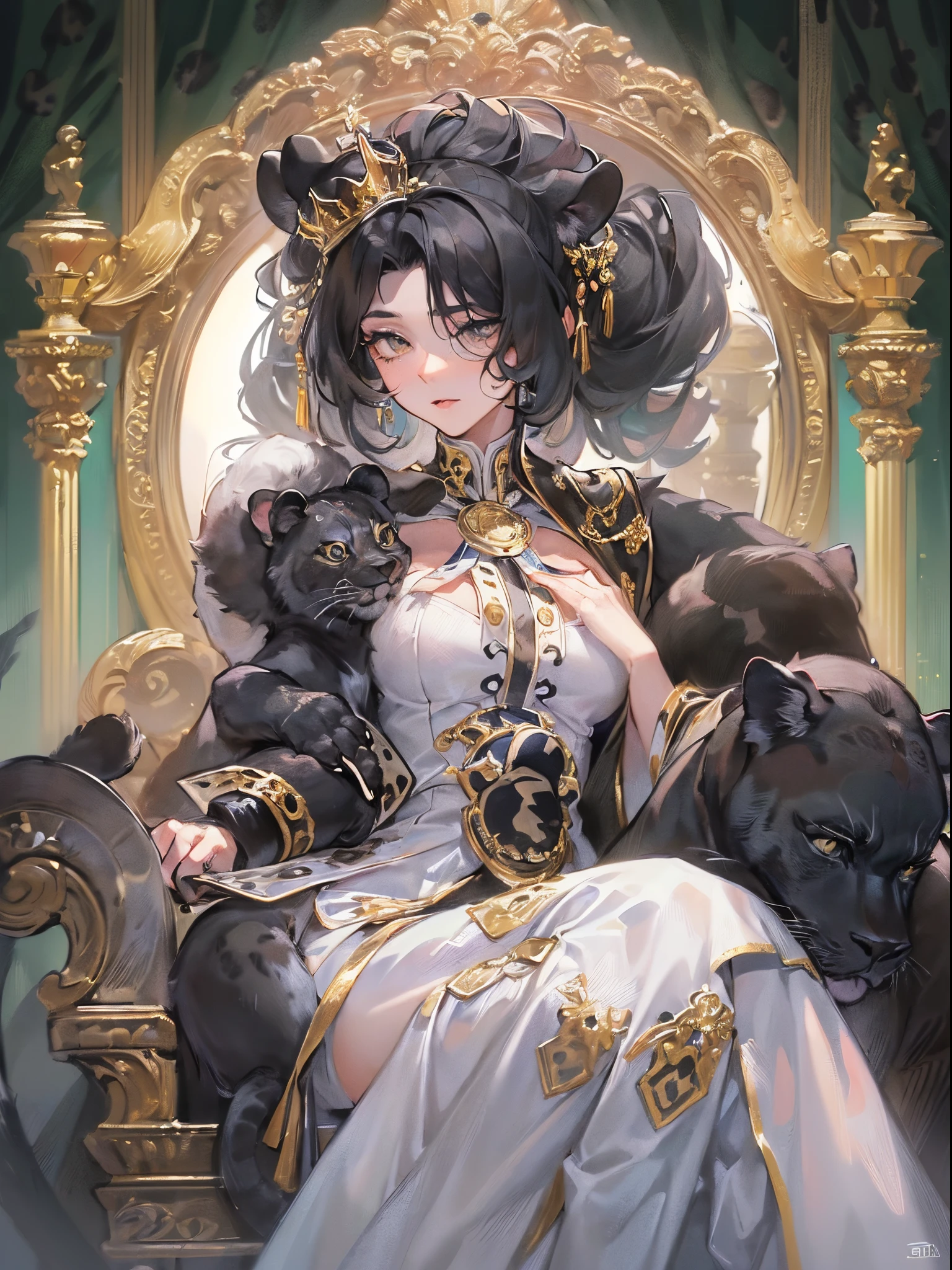 ((Finest quality)),(超A high resolution),(ultra-detailliert),(Meticulous portrayal),((Best Anime)),(Finest works of art),(Ultra-Precision Art),(The art of astounding depiction,Overwhelming depiction:1.5),(Complex and detailed fantasy art:1.6), (One queen:1.7),(A dress with precise and detailed description:1.5),(Beautiful and well-groomed face:1.5),Light makeup:1.4, (A black leopard snuggles up to her:1.5)