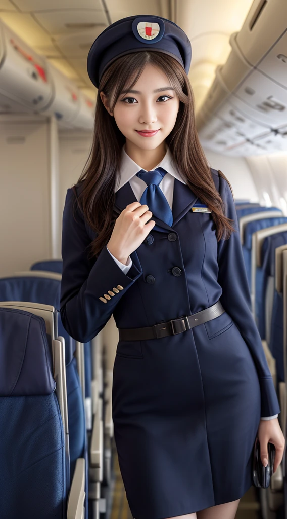 one japanese woman, Solo, 30-years old, hyperdetailed face, Detailed lips, A detailed eye, Double eyelid eyes, fluffy brown eyes, (Black bob hair, Like an airplane stewardess, Do a good job), (Like an airplane stewardess:1.2), (Do a good job:1.2), (Navy single color stewardess uniform:1.4), (Please wear a small and cute stewardess hat:1.2), (discret smile:1.2), Perfect image realism, Background with: (Business Class aisle on airplanes:1.2), 细致Background with, detailed costume, Perfect litthing, Hyper-Realism, (Photorealistic:1.4), 8K maximum resolution, (masterpiece), Highly detailed, Professional