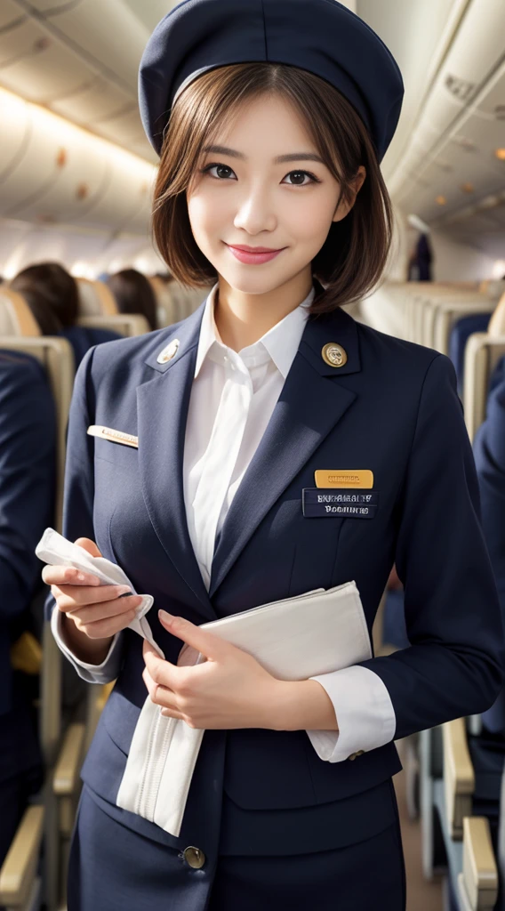 one japanese woman, Solo, 30-years old, hyperdetailed face, Detailed lips, A detailed eye, Double eyelid eyes, fluffy brown eyes, (Black bob hair, Like an airplane stewardess, Do a good job), (Like an airplane stewardess:1.2), (Do a good job:1.2), (Navy single color stewardess uniform:1.4), (Please wear a small and cute stewardess hat:1.2), (discret smile:1.2), Perfect image realism, Background with: (Business Class aisle on airplanes:1.2), 细致Background with, detailed costume, Perfect litthing, Hyper-Realism, (Photorealistic:1.4), 8K maximum resolution, (masterpiece), Highly detailed, Professional