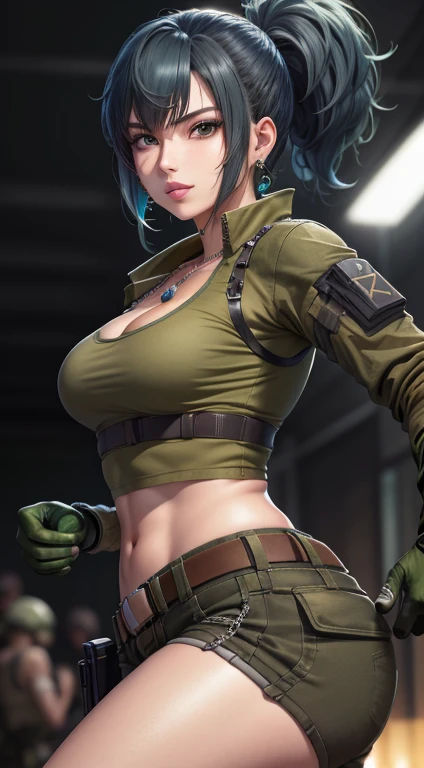 tmasterpiece,, Best quality at best, A high resolution, 1girl, Leona heidern, cabelos azuis, Olhos eBlue, rabos de cavalo, green shorts, clivagem，abdomen, topo de corte, luvas pretas, Seios de Nedium:, army suit, green jacket, 耳Nipple Ring, jewelries, umbigo, Enorme teto, Cowboy baleado，