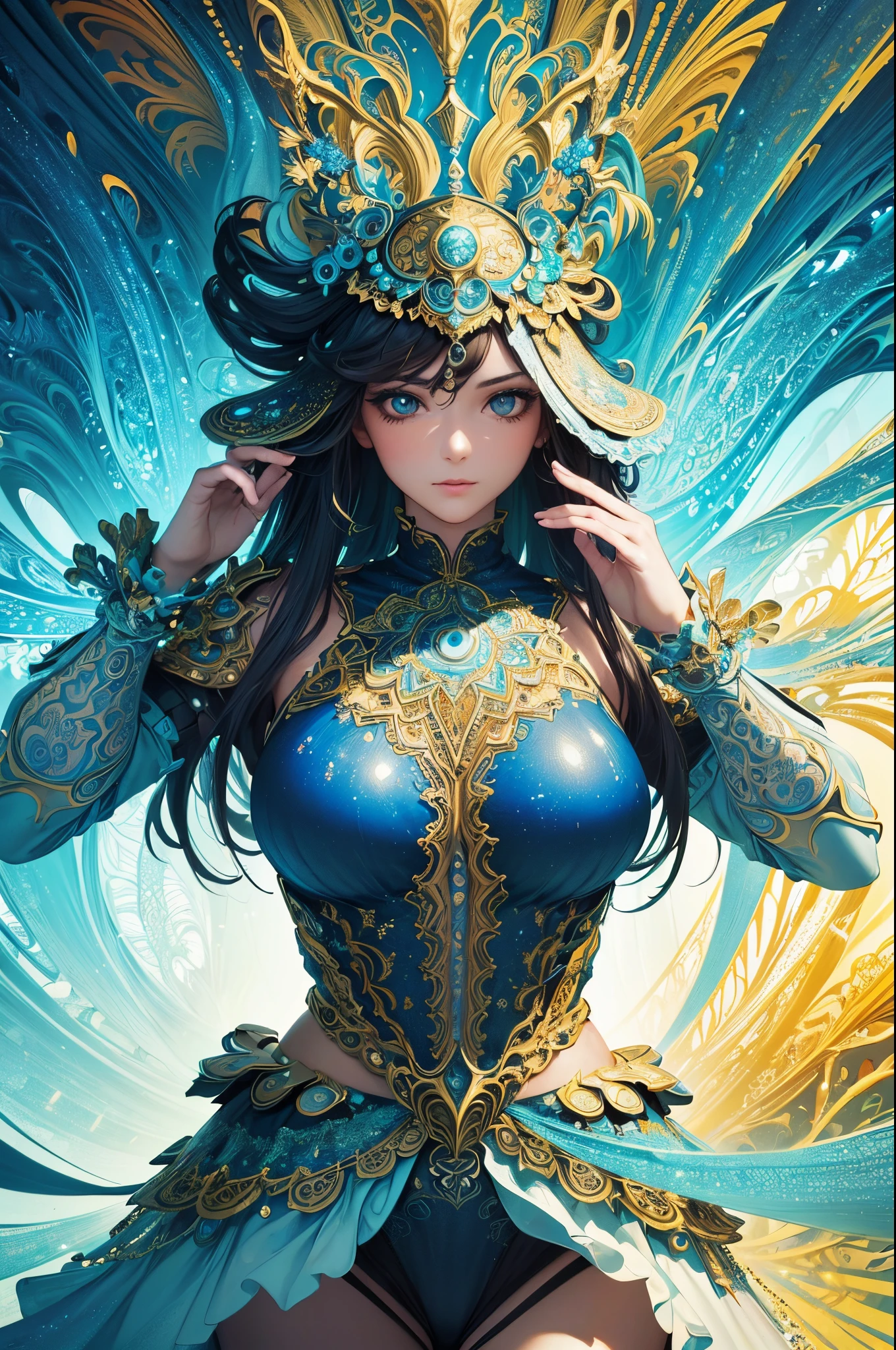 absurdres, RAW photo, extremely delicate and beautiful, masterpiece, Best Quality, ultra high resolution, 32k, hyperrealistic, ultra-detailed, in her 20s, delicate facial features, beautiful detailed girl, extremely detailed eyes and face, beautiful detailed eyes, tearful mole, earring, medium breasts, full body shot, shorter middle hair, black hair, jiangshi costume, hat, blue dress,