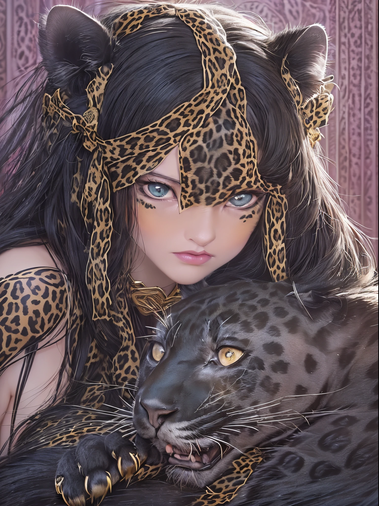 ((Finest quality)),(超A high resolution),(ultra-detailliert),(Meticulous portrayal),((Best Anime)),(Finest works of art),(Ultra-Precision Art),(The art of astounding depiction,Overwhelming depiction:1.5),(Complex and detailed fantasy art:1.6), (One queen:1.7),(A dress with precise and detailed description:1.5),(Beautiful and well-groomed face:1.5),Light makeup:1.4, (A black leopard snuggles up to her:1.5)