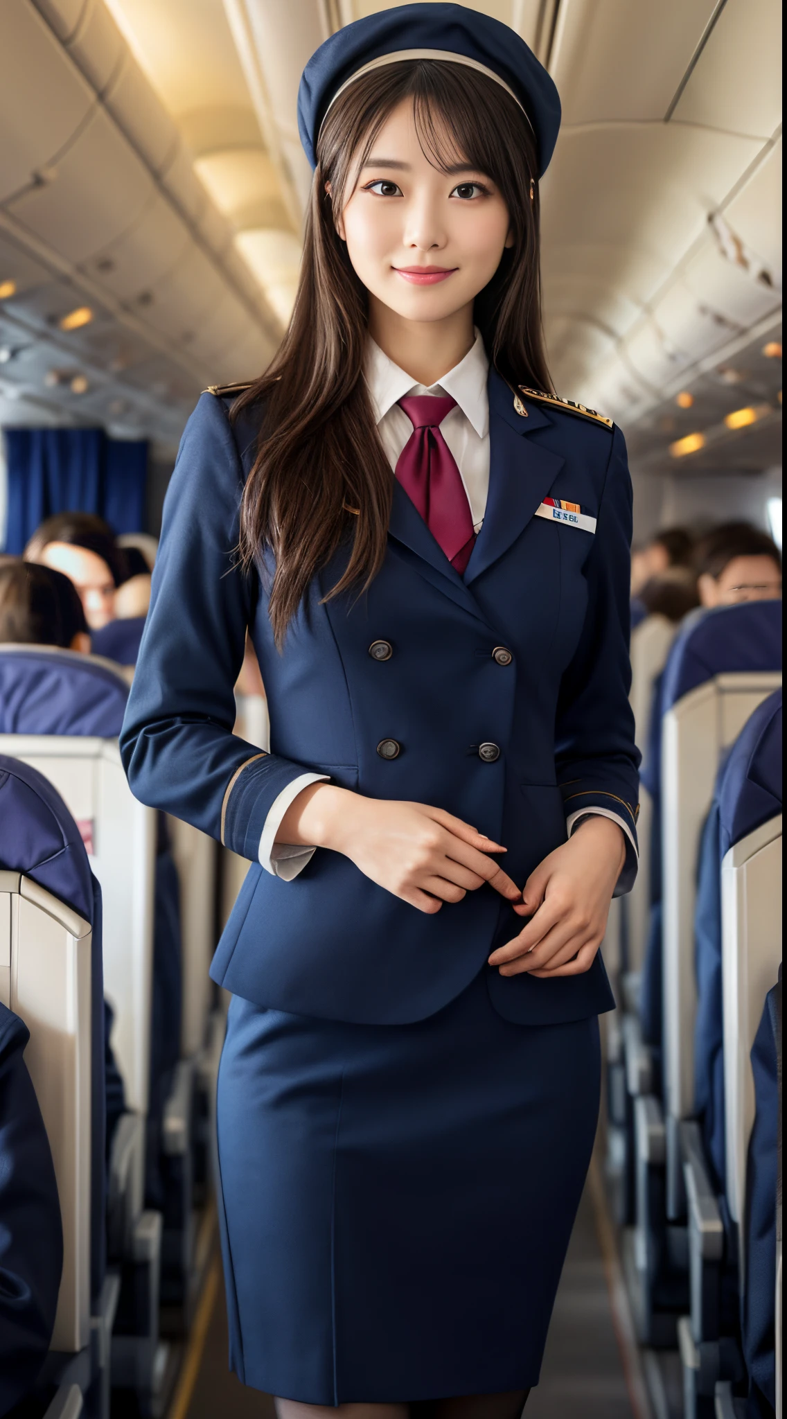 one japanese woman, Solo, 30-years old, hyperdetailed face, Detailed lips, A detailed eye, double eyelid eyes, fluffy brown eyes, (Black bob hair, Like an airplane stewardess, Do a good job), (Like an airplane stewardess:1.2), (Do a good job:1.2), (Dark blue single color stewardess uniform:1.4), (Wear a small and cute stewardess hat:1.2), (discret smile:1.2), Perfect image realism, Background with: (Business Class aisle on airplanes:1.2), In-depth background, detailed costume, Perfect litthing, Hyper-Realism, (Photorealistic:1.4), 8K maximum resolution, (masterpiece), Highly detailed, Professional