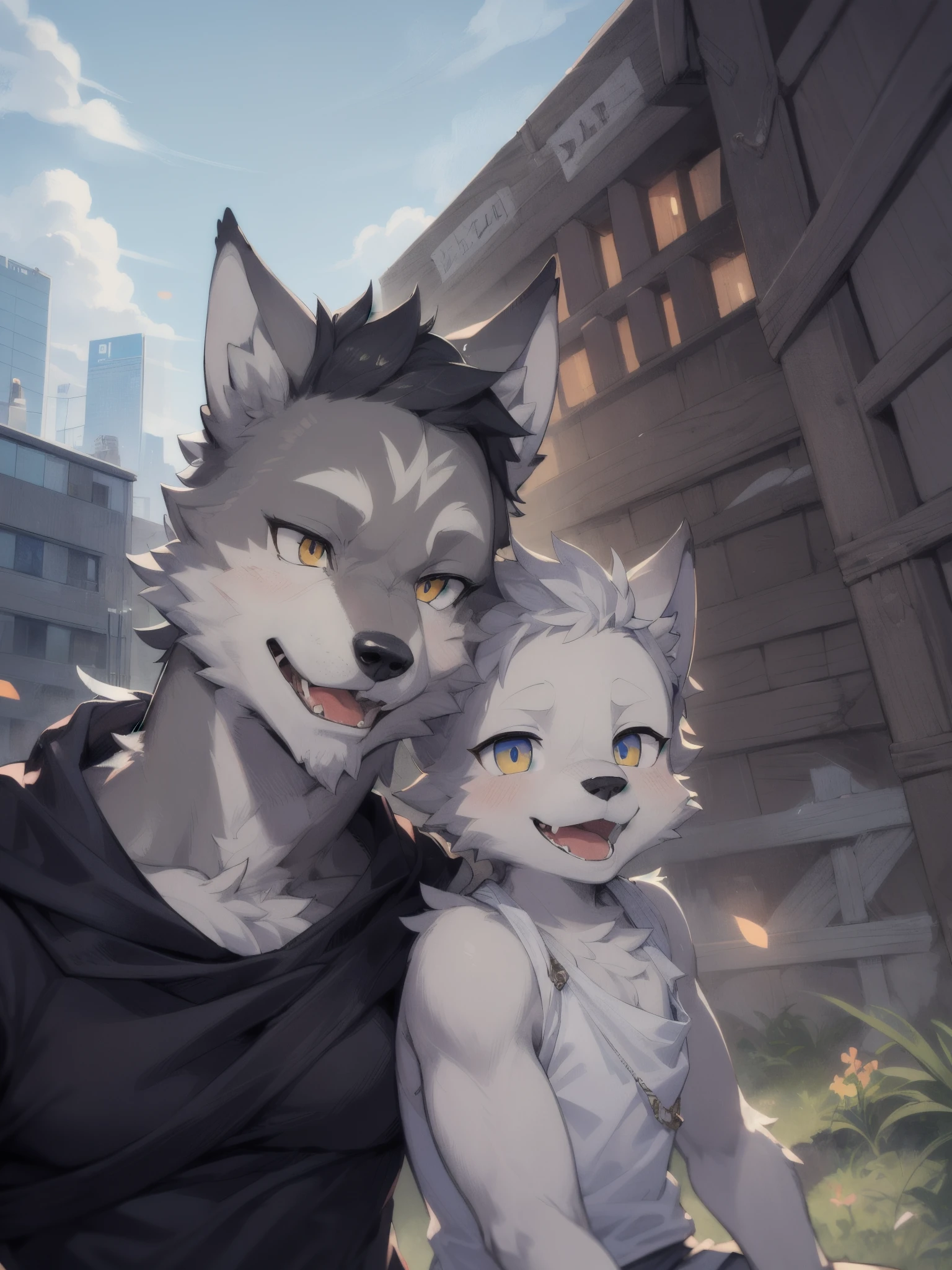 there is a man and a boy that are standing together,anthro wolf, furry,white wolf, scar,handsome, (High Resolution),masterpiece, 8k, nj5furry,masterpiece, best quality, perfect anatomy, bright eyes, detailed background,nj5furry,Rich colors
