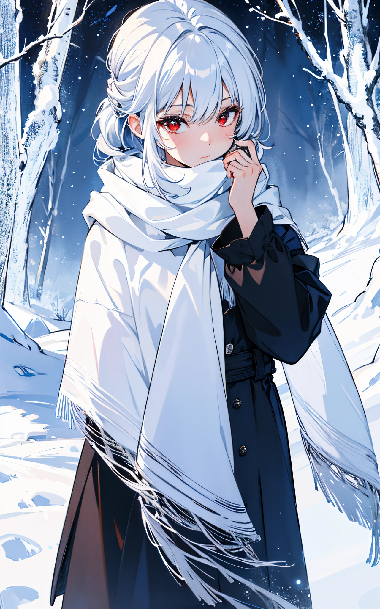 (best quality,4k,8k,highres,masterpiece:1.2),ultra-detailed,white hair,scarf,snow,red eyes,portrait,icy blue,soft illumination,crisp shadows,lonely winter,serene expression,magical solitude,vivid colors,subtle gradients,fine brushstrokes