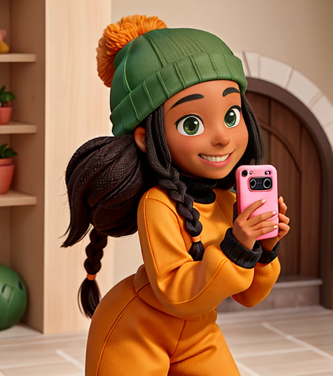 Caramel skin black female with long braids peach coloured beanie black tight turtle neck and black baggy sweatpants ting grin with dimples in a bushy green place selfie