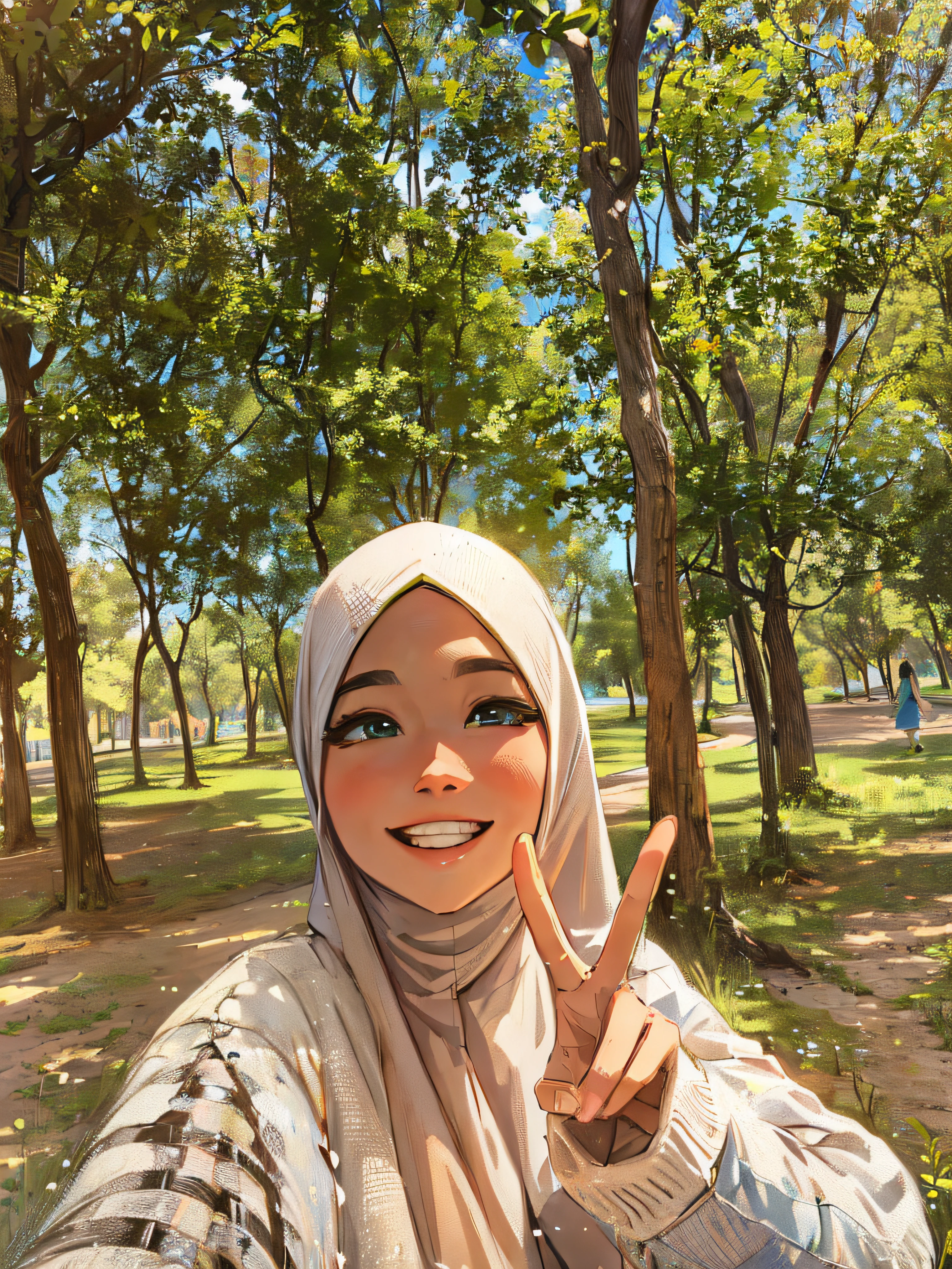 ((Best Quality, 8K, Masterpiece: 1.3)), best quality, ultra high res, there is a girl in a hijab making a peace sign, in a park, at a park, with kind face, in garden, happy friend, in the park, with a park in the back ground, selfie!!!!!, cute face, beauty girl, big eyes, in forest, park in background, in front of a forest background, with a park in the background, in a city park, friendly smile