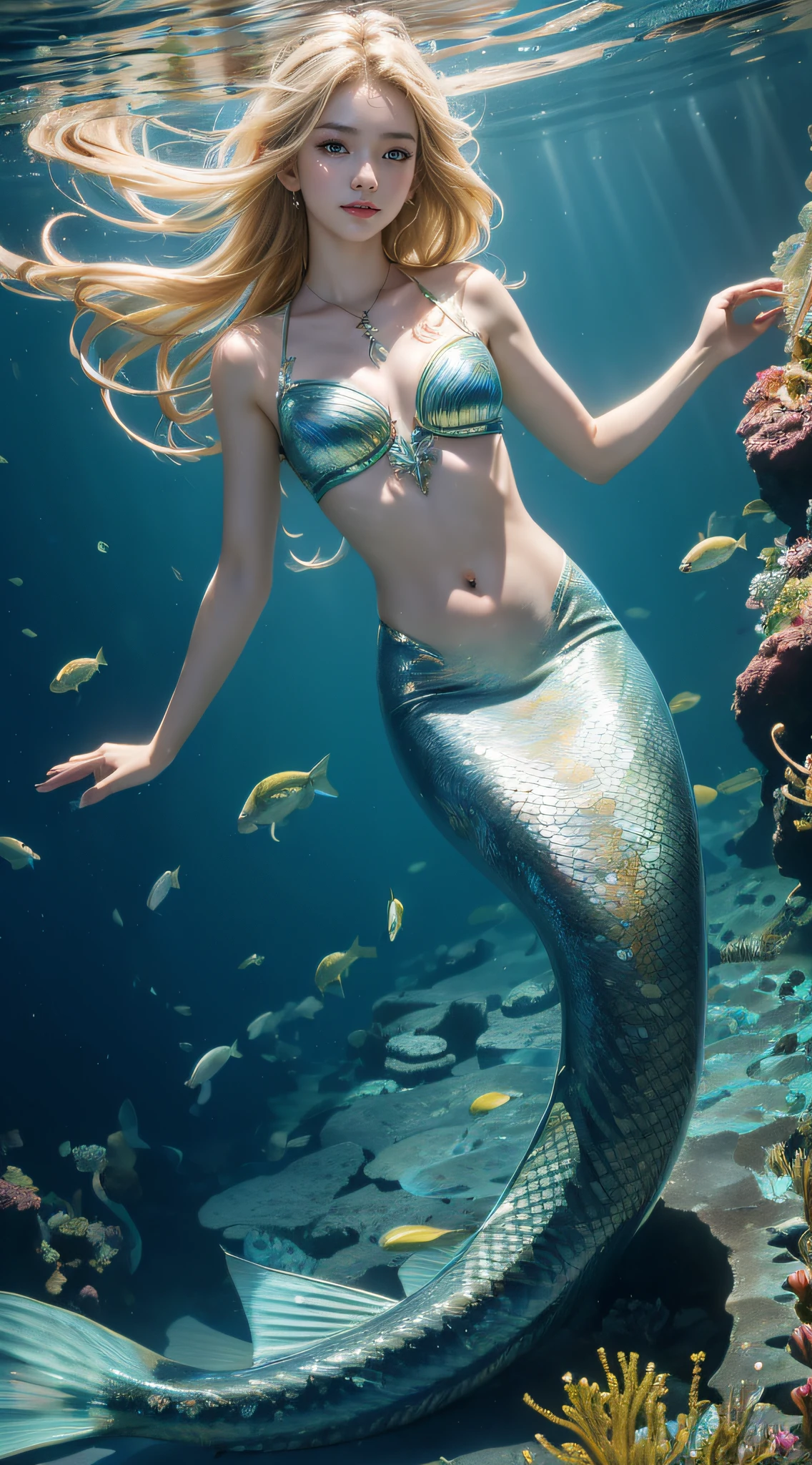 8k ultra high definition，RAW photogr，1 mermaid swimming in the sea，（elongated tail:1.3），（blonde body，The face is delicate，The skin is smooth and delicate，gloss on the skin，big chest and thin waist，crystal-clear，Golden scales，ultra real photo:1.3，(True humans:1.3)，(A high resolution:1.4)，(Detailed pubic hair:1.5)，(フォトリアリスティック:1.7)，RAW photogr，Portrait photos，RAW photogr，超A high resolution，Photographic realism，Best quality，(highdetailskin，skin detailed)，Visible Pore，Skin glows，tmasterpiece，Detailed pubic hair，dyeing，Extremely Delicately Beautiful，Extremely detailed 8K wallpaper，8K high image quality，Digital SLR，beautifuldetails，(looking at viewert)，Professional photography lighting，Faraway view
