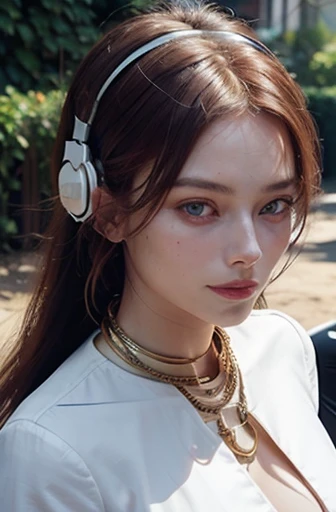Makima with the face of Margot Robbie (chain saw man), Best Quality, ultra-detailliert, 1girl in, Solo, Standing, Red hair, Long braided hair, Golden Eyes, Bangs, medium breasts, white slutty look, Smile, (in bad: 1.2), Looking at the viewer, (interview: 1.3), (Near Future Background、headphones: 1.3), From  above, sharp contrast, Beautiful detailed eyes