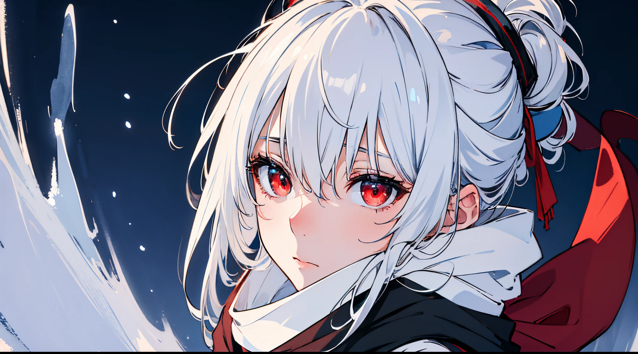 (best quality,4k,8k,highres,masterpiece:1.2),ultra-detailed,white hair,scarf,snow,red eyes,portrait,icy blue,soft illumination,crisp shadows,lonely winter,serene expression,magical solitude,vivid colors,subtle gradients,fine brushstrokes