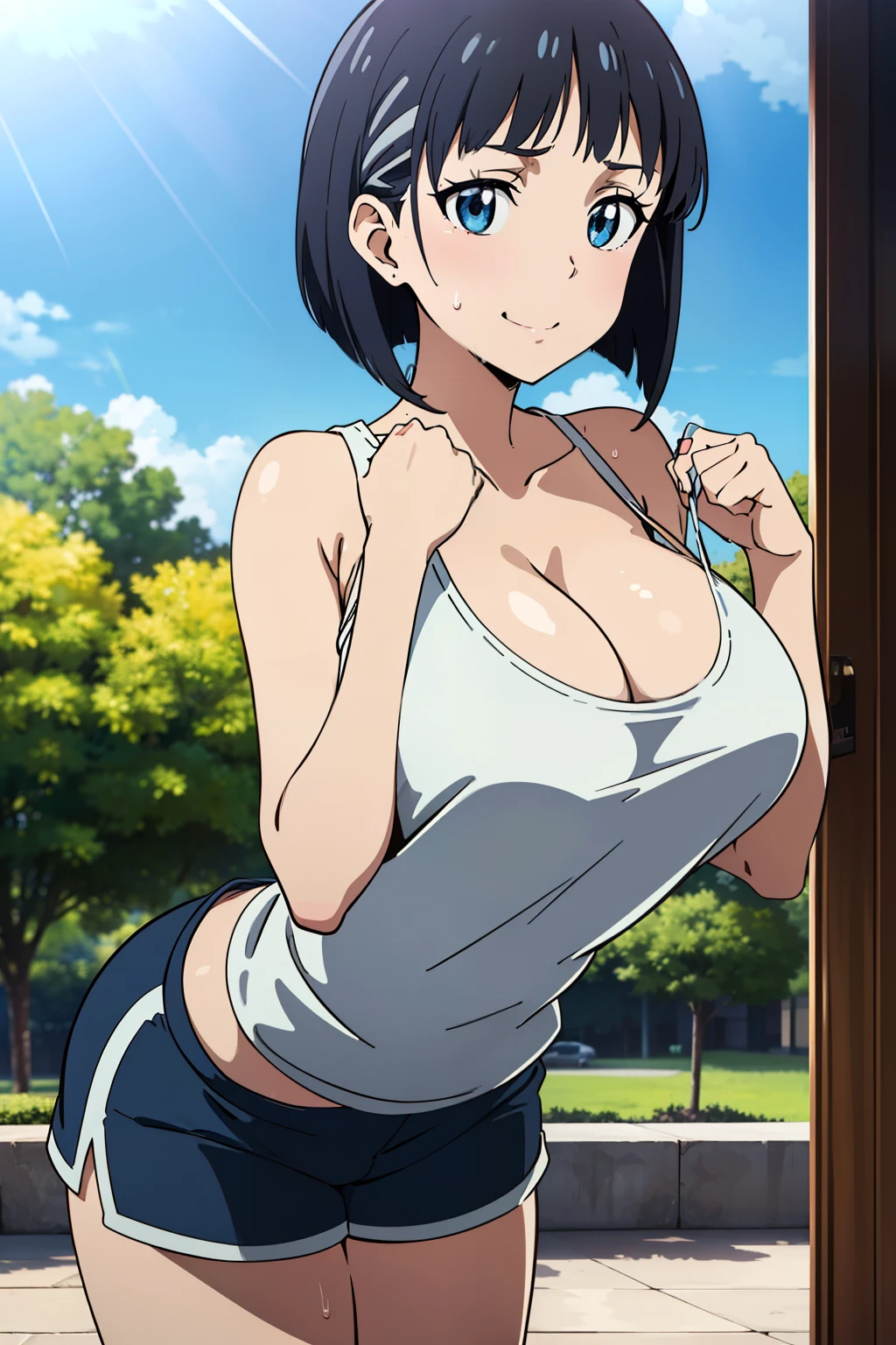 ((masutepiece, Best Quality, High resolution, extremely detailed 8K, Beautiful girl with a slender body, Ultra HD, Ultra-detailed, anime screen cap:1.3, anime colours:1.2)), suguha, (1girl in), (Black hair, bob cuts), (Lower your hands forward:1.5), facing at camera, lightsmile, (beautifull detailed face, Beautiful detailed eyes), (Huge breasts: 1.2), (White tank top, Thin material), leaning forward:1.3, cleavage, shorts, Cowboy Shot, Sweat, (Sunlight), a park