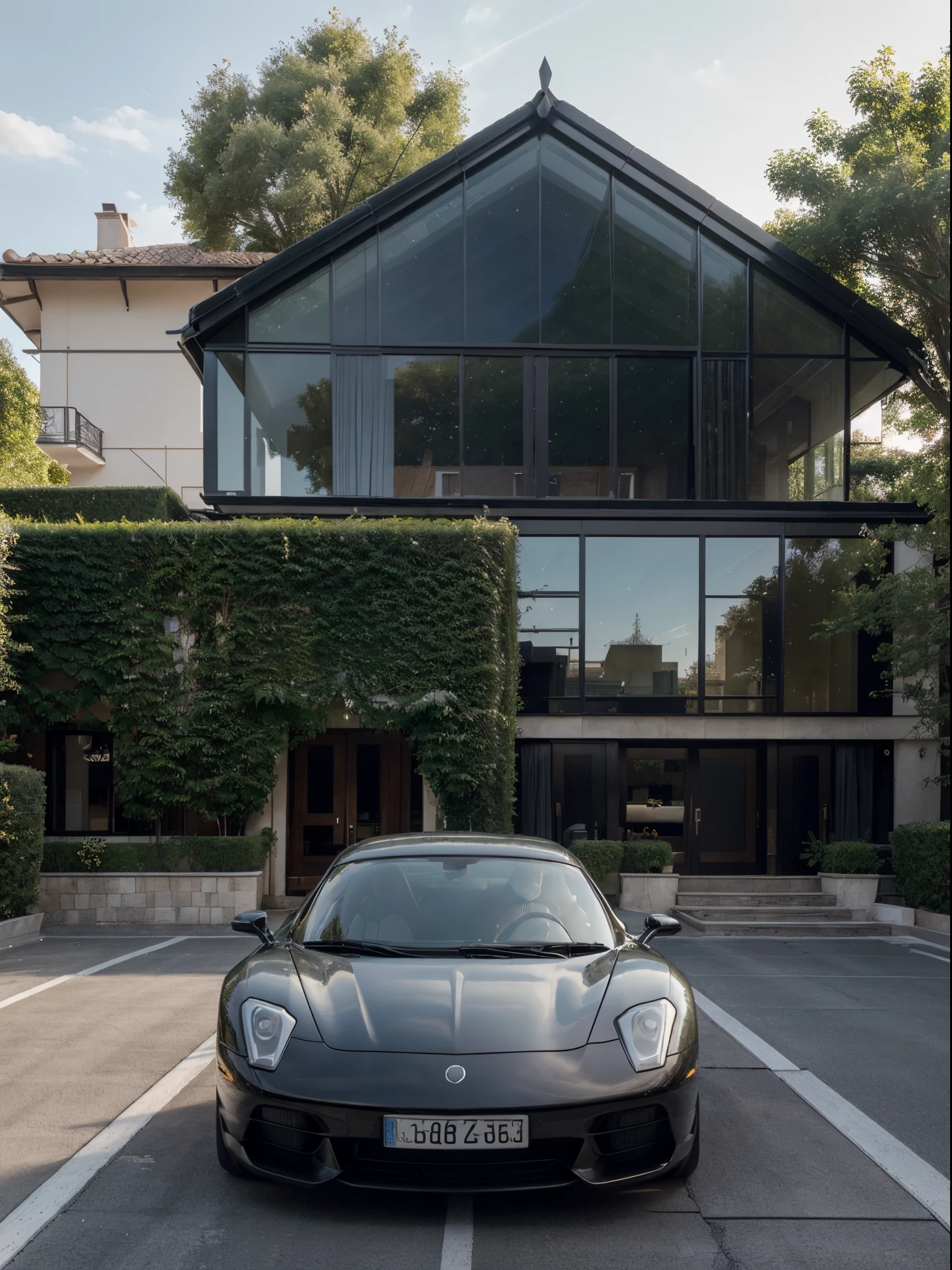 1 image, mediteranian style house, ((square glass house with a sloping roof)), (parking, super car: 1.2), modern mansion, dynamic (RAW photo, real, best quality, masterpiece:1.2), (hyper realistic, photo-realistic:1.2), high quality, (bright lighting:1.2), perfect lighting, archdaily, daytime
