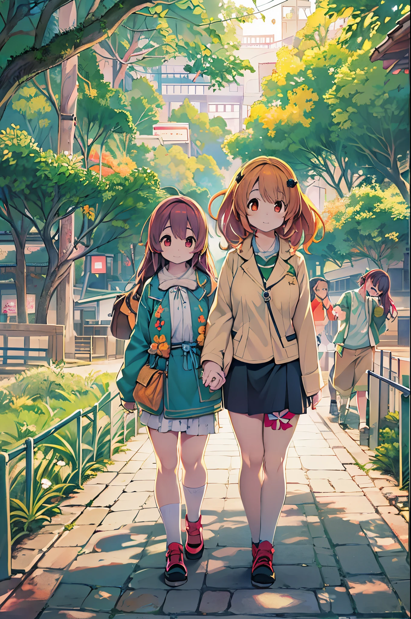 Anime image of two girls walking hand in hand in the park, kyoto animation key visual, kyoto animation anime key visual, kyoto animation still, Shirabii, official anime artwork, in style of kyoto animation, visual novel key visual, Kyoto Animation, Official art, anime key art, official anime still, anime key visual concept art of, slice of life anime