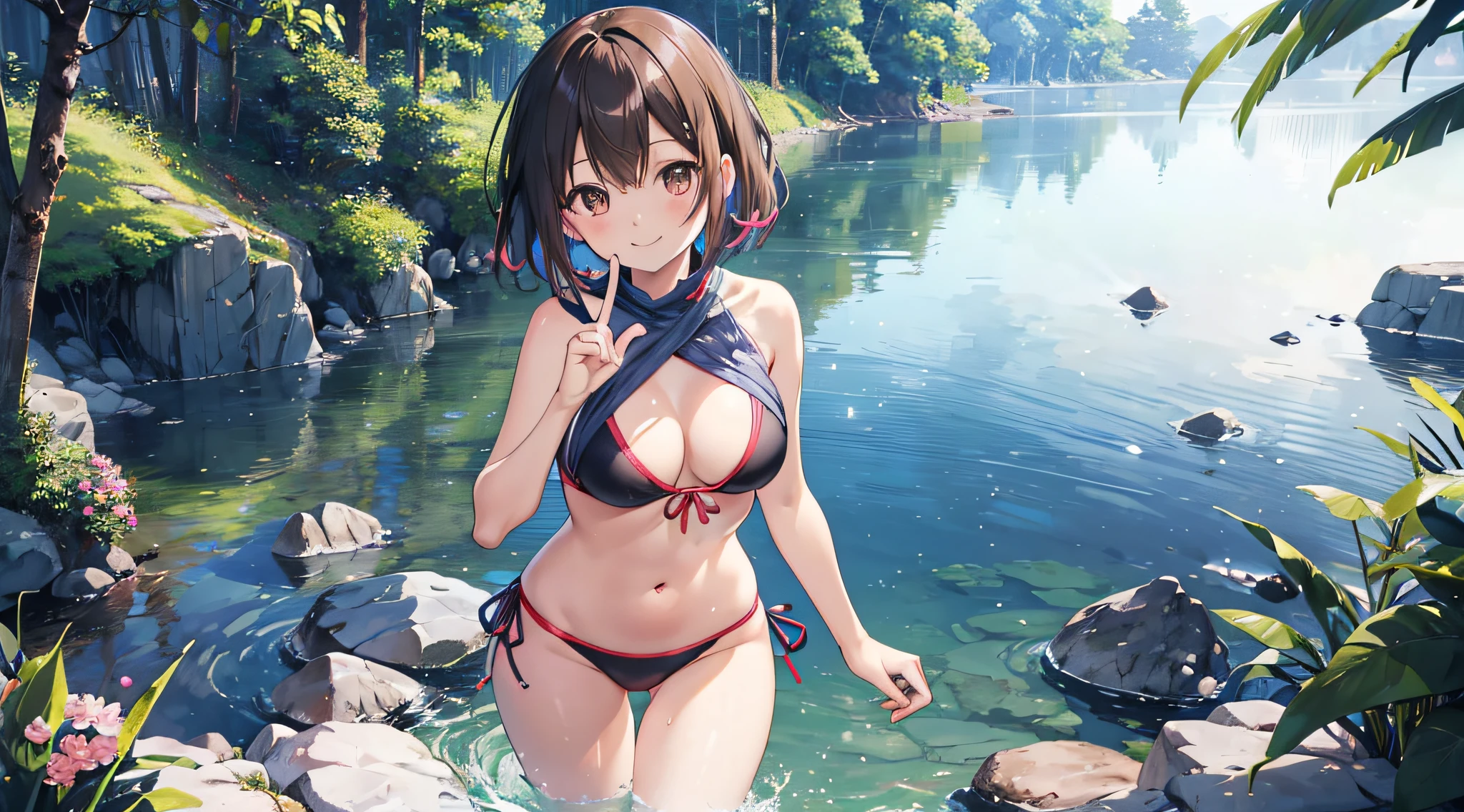 (masutepiece, Best Quality: 1.2), ultra-detailliert, Highest detail, colourfull、1girl solo、Medium Boob、Cheerful smile、A dark-haired、Brown-eyed、Transparent bikini、Daytime、Forests and lakes、narrow waists、From the front of the body, Full body, no extra fingers, No extra arms, No extra legs