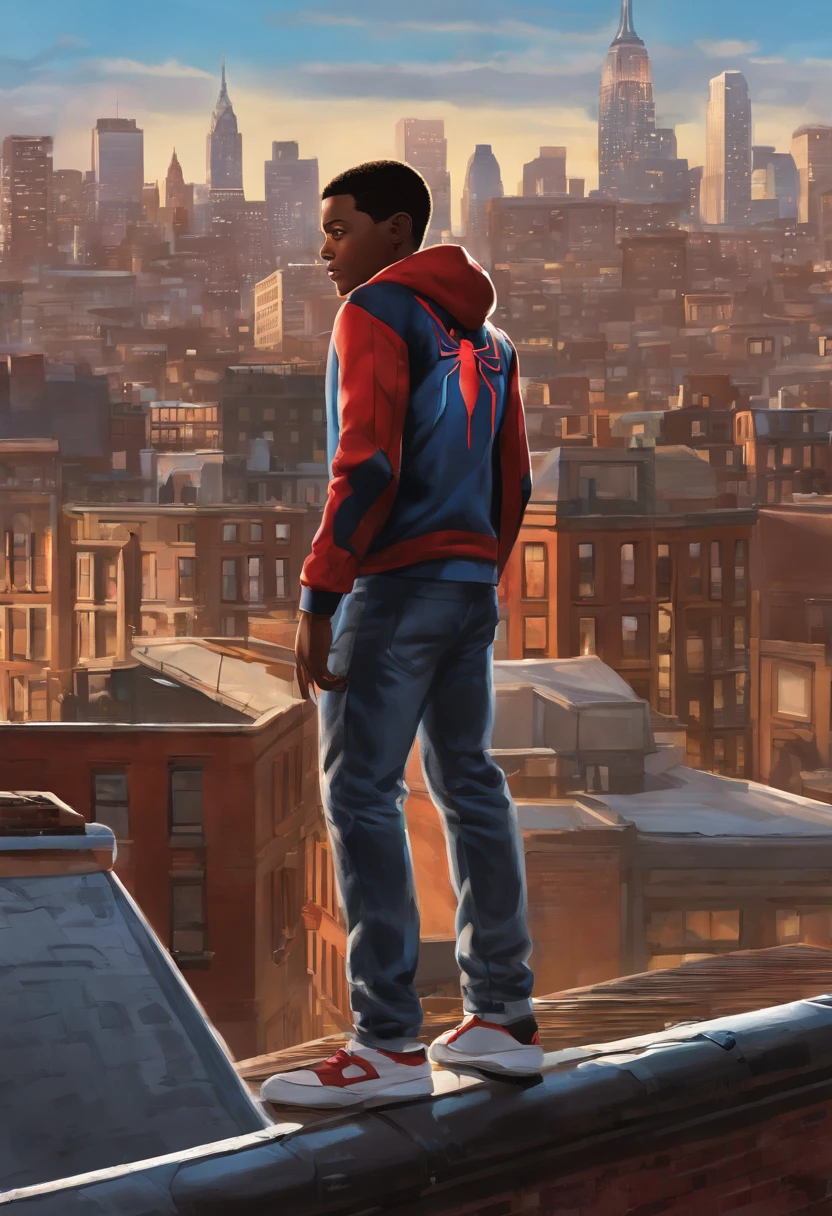 An image of Miles standing on a graffiti-covered rooftop, painting a mural of the New York City skyline.,Marvel Comics,Miles Morales, the dynamic character from the “Spider-Man” universe, is a young, black athletic ager with a lean build, often seen in his distinctive black Spider-Man suit with red webbing and unique graffiti-style designs. He has a youthful, energetic face, often expressing a wide range of emotions from awe to determination, reflective of his age and the enormity of his responsibilities., male
