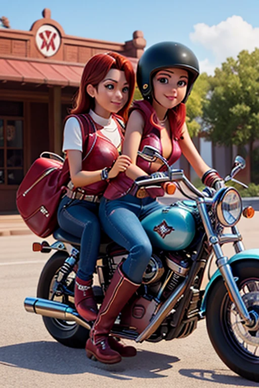 Female Riders、leaning on a harley、wearing double riders、during daytime