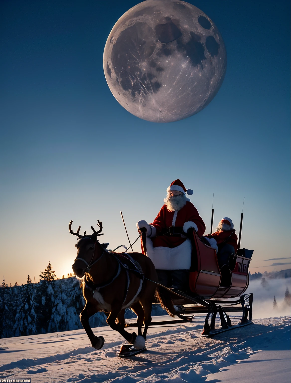 Silhouette of Santa Claus flying through the sky on a sleigh pulled by reindeer reflected in the moon