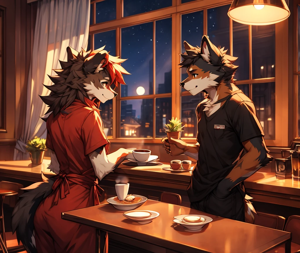 anthro,(feminine) male, Australian shepherd, wearing baggy pants and black t-shirt+, cafe hotel, window view, serving coffee, green and red apron, by Zackary911, by Wizzkit, by anixs, detailed feminine male body, high quality, anatomically correct, detailed face, fluffy hair, detailed background, masterpiece, 4k hd, cg, cafe and rest, ((night)), moonlight through window