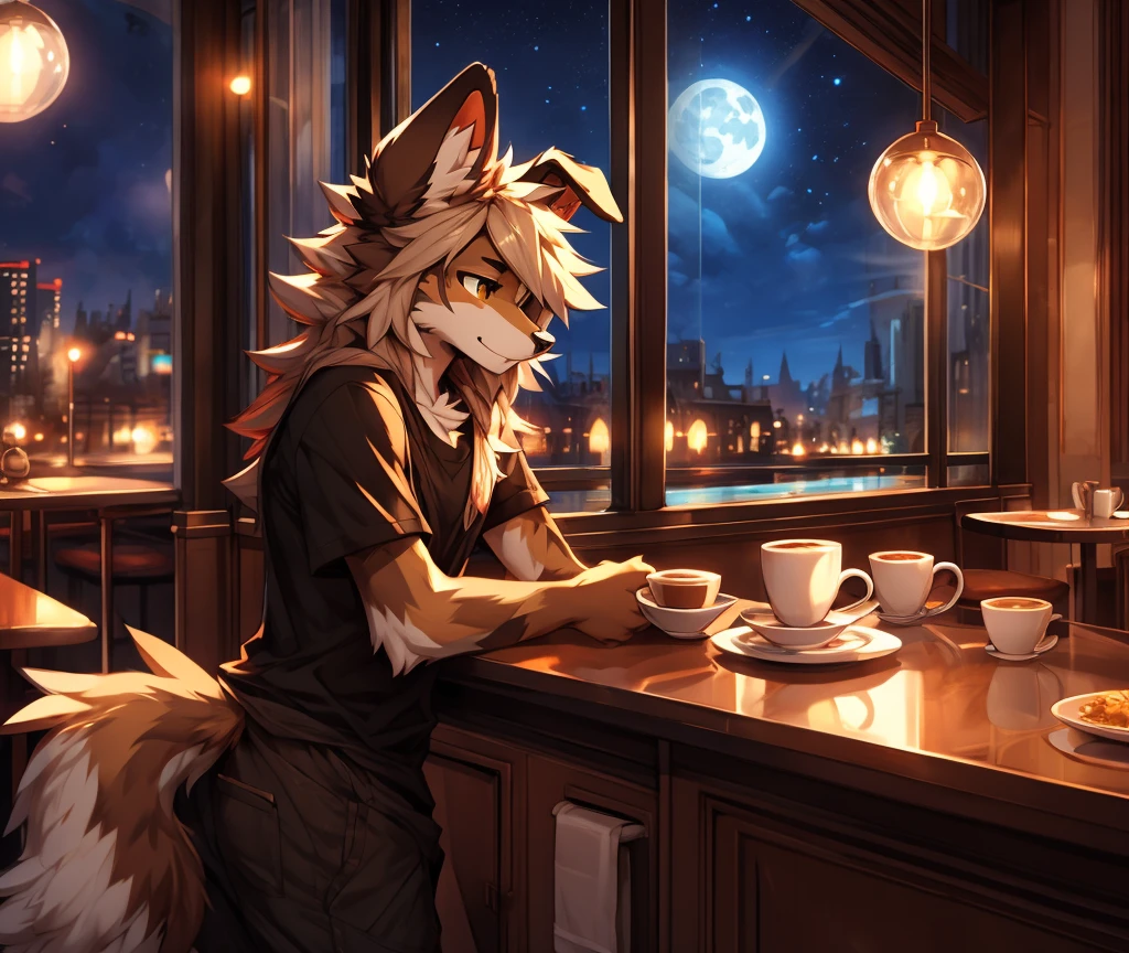 anthro,(feminine) male, Australian shepherd, wearing baggy pants and black t-shirt+, cafe hotel, window view, serving coffee, green and red apron, by Zackary911, by Wizzkit, by anixs, detailed feminine male body, high quality, anatomically correct, detailed face, fluffy hair, detailed background, masterpiece, 4k hd, cg, cafe and rest, ((night)), moonlight through window