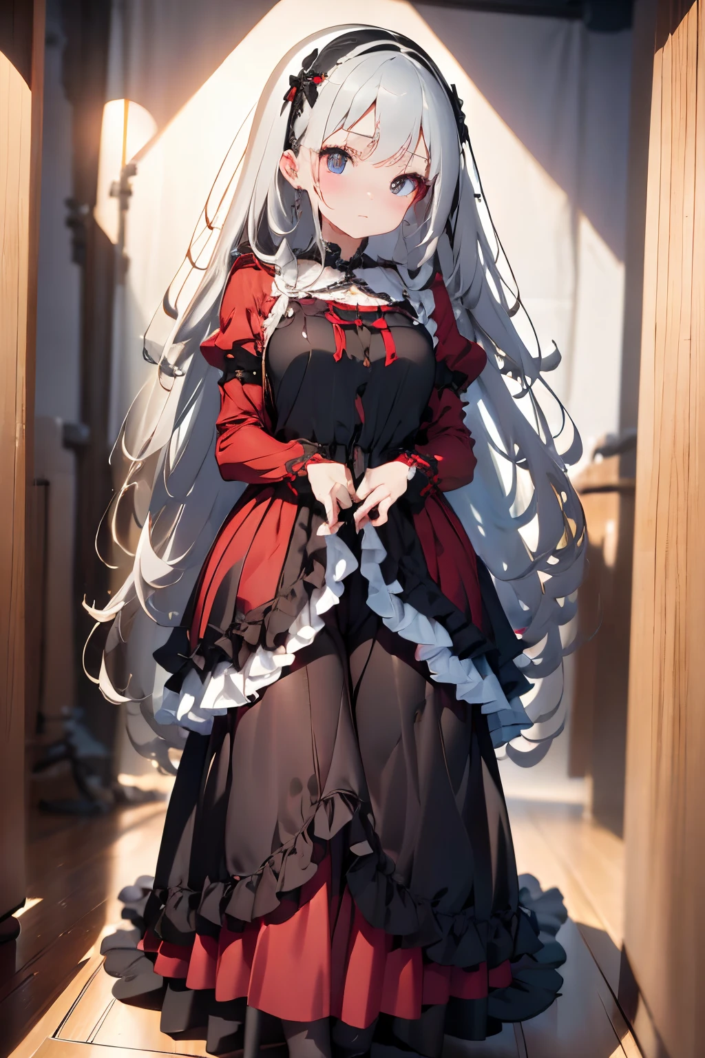 parfect anatomy、top-quality、masuter piece、ultra-detailliert、8ｋ、Correct depiction of the human body、Full Body Angle、Delicately drawn face、Woman with a pretty face、Gothic Lolita Fashion、Black Gothic Lolita Fashion、Black and white costume、Beautiful silky silver hair:1.5、Red big hair ornament、Red ribbon hair ornament、Red big hair ornament、Standing、Front Angle、Full Body Angle、(((blurry backround:1.5、Photography Studio、greybackground:1.5、greybackground、greybackground、greybackground、greybackground、Film Lighting、Professional Photographer)))