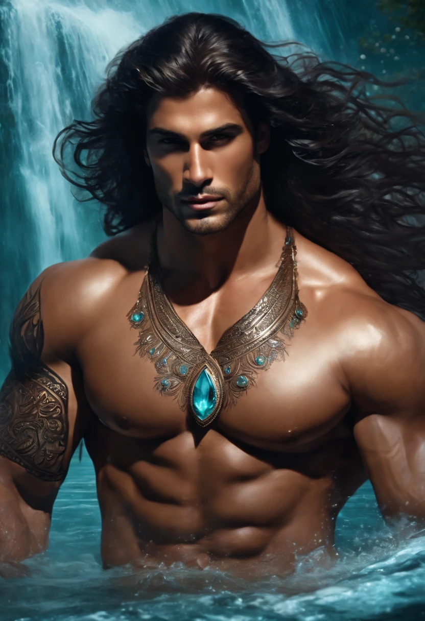 Digital fantasy romance painting, handsome, dominant, fierce, commanding, muscular, massive pecs, giant the size of Goliath, long, shiny dark hair blowing in the wind, covered in henna tats, holds a goddess in his arms adoringly in a sacred aqua pool with a waterfall behind him that grabs your attention, storm, high resolution, 8k,