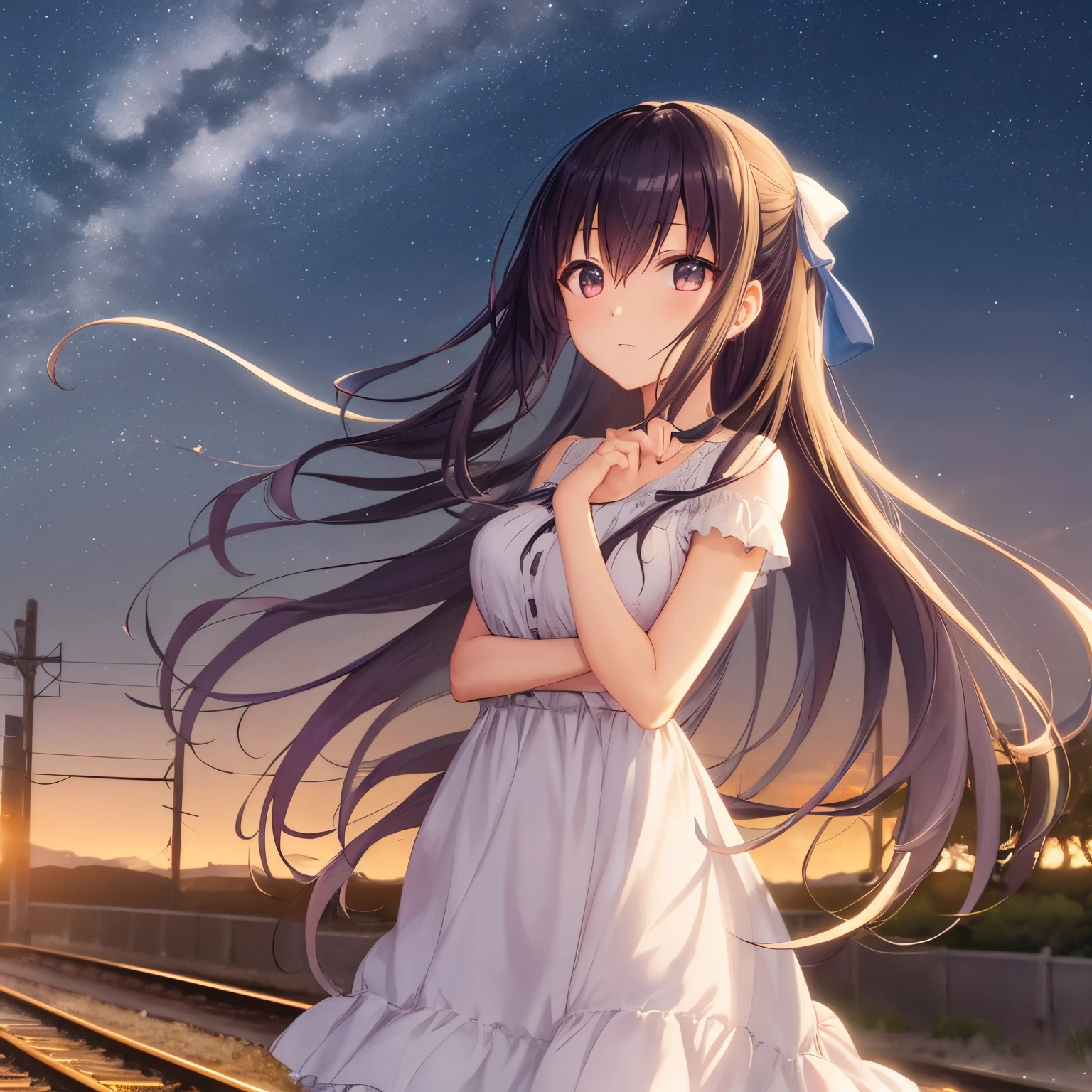 An anime girl stands at the railway tracks, framed by multiple railway tracks on a serene, moonlit night. As trains pass, their lights paint vibrant streaks across the scene, adding a touch of magic. The girl's face reflects a sense of wonder and innocence as she gazes into the starry night sky. Her dress sparkles in the night, as if woven from stardust, and her hair dances in the soft night breeze. Photo taken by Kazuki Suzuki with a Canon EOS 5D Mark IV and a 35mm lens. Award Winning Photography style, "Starry Dreams," 8K, Ultra-HD, Super-Resolution