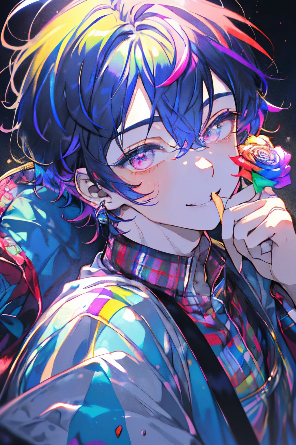 ((colorful rainbow hair)),((Shorthair)),((Curled Hair)),((huge smile)),((Eyes with a mixture of colorful colors)),(plaid long sleeve tops),Slight red tide,((Put your hands on your face)),((he shines brightly.)),((Covered with rainbow colorful roses)),(((close up of face))),((Eye close-up)),((durable collar and leash)),(extra large moonlit night),((Late night outdoor)),(The whole thing is enveloped in a faint light),((Perspective from above)),((Smile with your mouth wide open)),((Boy)),((Adult male)),