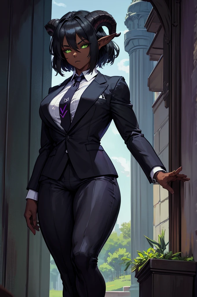 (Masterpiece) (High Detail) (High Res) (Black Skin) Looking from below A young teenage black humanoid FutEred with dark skin and ebony flesh and green eyes and short black hair and goat ears and short dark goat horns and a toned teen body and average breasts wearing a formal suit and tie with a purple undershirt and a bulge in her pants