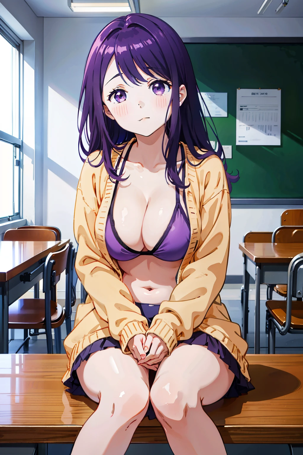 The upper part of the body， Nagisa Kubo， Purple colored hair， Purple eye，Bikini swimwear，cleavage，medium boobs 1 girl， ‎Classroom， （Brown cardigan：1.3），  brownfootwear， ， （tmasterpiece：1.2）， A high resolution， Best quality at best， 8k， great clarity，