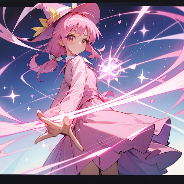 human girl 14years 独奏 Twin-tailed Pink hair Big pink eyes Sparkling eyes 校服 pink blazer sano animesque long skirt Witch pink there uses magic childish cute little European style kirakira bow ribbon Precure witch's hat frontage high-level image quality High quality blue-sky optic No logo