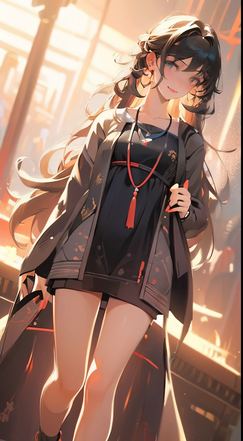 Estilo anime, noite, Sala de estar, Mulher adulta frontal ethinic random, hair multcolor aleathory, sorriso malicioso, walking in streets