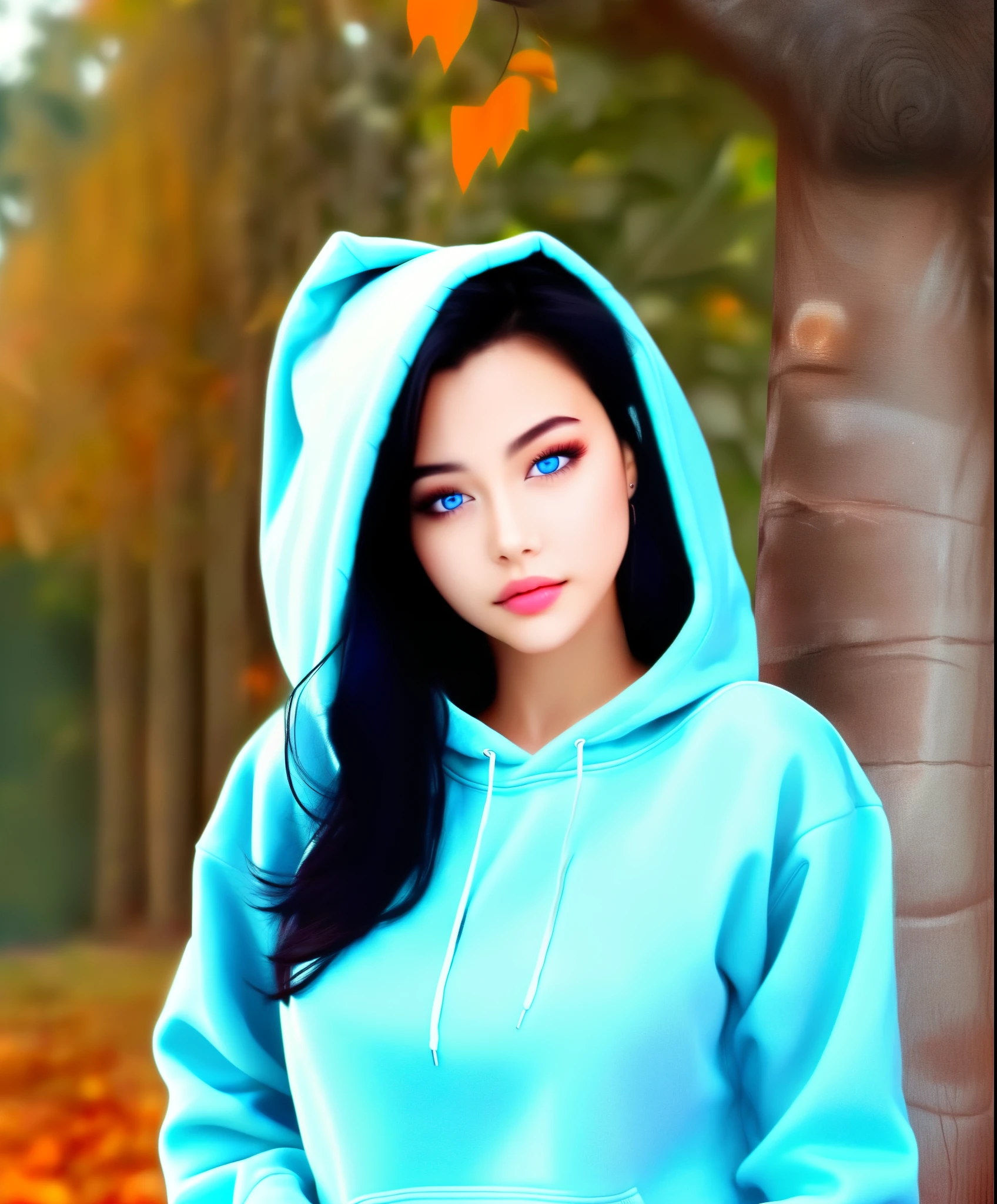 Long black hair, light blue eyes, hoodie