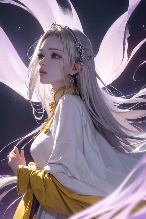 (very detailed CG unity 8k wallpaper, masterpiece, best quality), best illumination, insanely beautiful, floating, girl in white wuxia suits, blue eyes, multicolor hair (silver: 1.3 + red: 1.2 + purple + yellow: 1.3 + green: 1.3), beautiful face, too many drops of water, clouds, twilight, wide angle, watercolor.