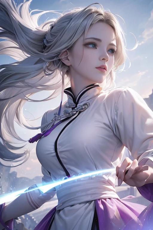 (very detailed CG unity 8k wallpaper, masterpiece, best quality), best illumination, insanely beautiful, floating, girl in white wuxia suits, blue eyes, multicolor hair (silver: 1.3 + red: 1.2 + purple + yellow: 1.3 + green: 1.3), beautiful face, too many drops of water, clouds, twilight, wide angle, watercolor.