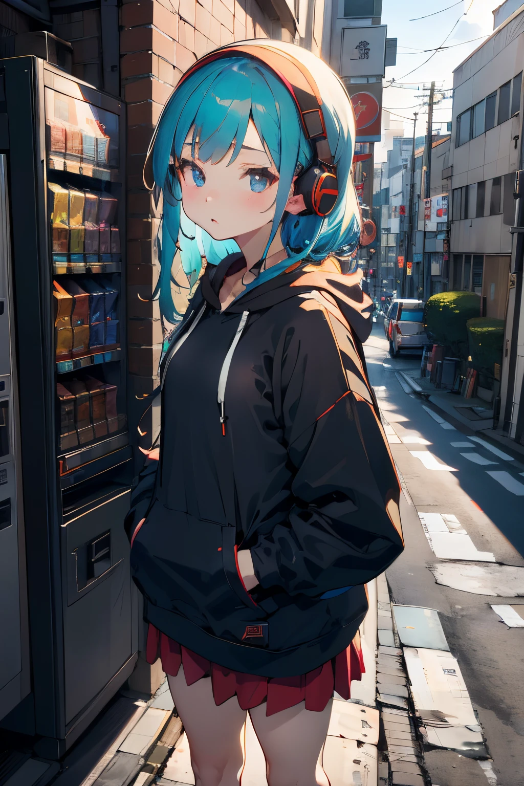 Shibuya, Back alley, vending machine on the background, wearing a hoodie on his head, From  above, (8K, Raw photo, Best Quality, masutepiece:1.2), A girl in her 20s with headphones around her neck