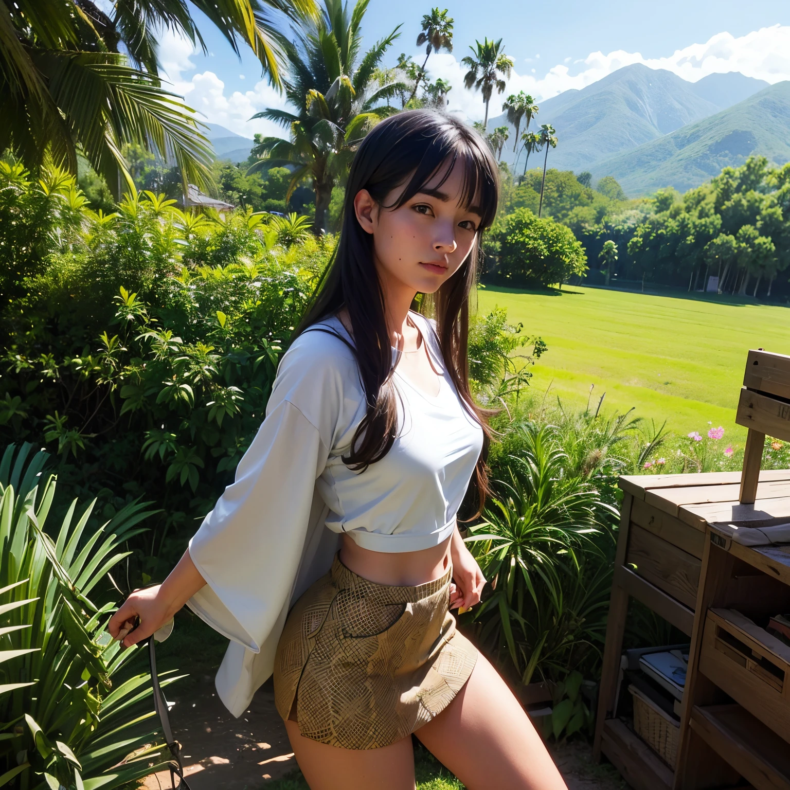 1inner girl, 2, Square face, Long hair, Looking at viewer, jewelry, Reality, Sexy, short skirt and sexy panties, yellow outfit, Mount Fuji landscape, Japan , standing position
