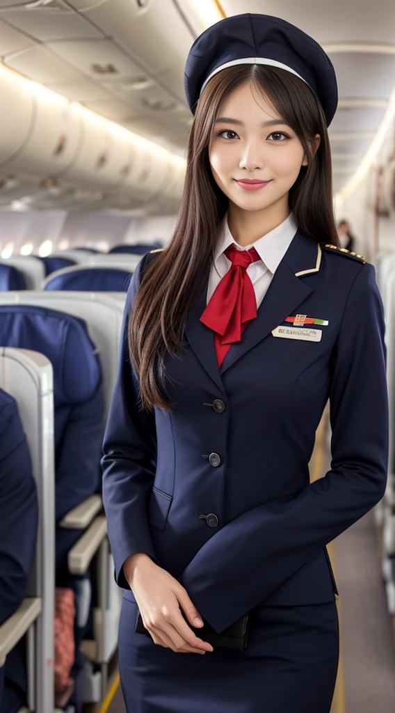 one japanese woman, Solo, 30-years old, hyperdetailed face, Detailed lips, A detailed eye, Double eyelid eyes, fluffy brown eyes, (Black bob hair, Like an airplane stewardess, Do a good job), (Like an airplane stewardess:1.2), (Do a good job:1.2), (Navy single color stewardess uniform:1.4), (Please wear a small and cute stewardess hat:1.2), (discret smile:1.2), Perfect image realism, Background with: (Business Class aisle on airplanes:1.2), Meticulous background, detailed costume, Perfect litthing, Hyper-Realism, (Photorealistic:1.4), 8K maximum resolution, (masterpiece), Highly detailed, Professional