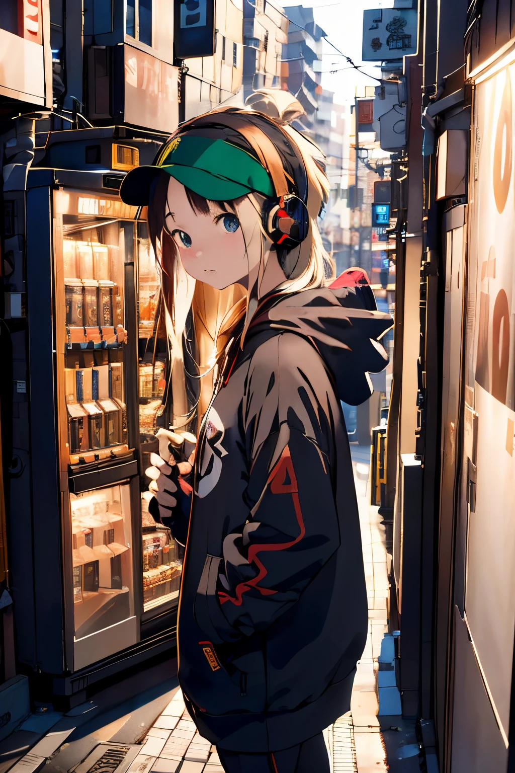 Shibuya, Back alley, vending machine on the background, wearing a hoodie on his head, From above, (8K, Raw photo, Best Quality, masutepiece:1.2), A girl in her 20s with headphones around her neck