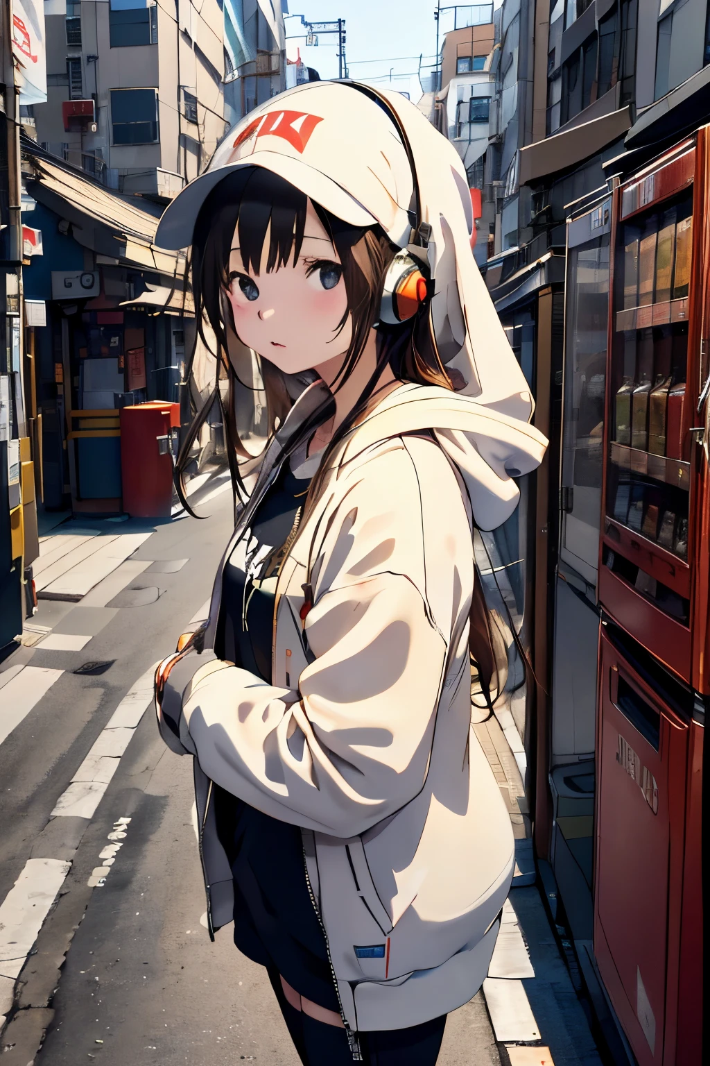 Shibuya, Back alley, vending machine on the background, wearing a hoodie on his head, From above, (8K, Raw photo, Best Quality, masutepiece:1.2), A girl in her 20s with headphones around her neck