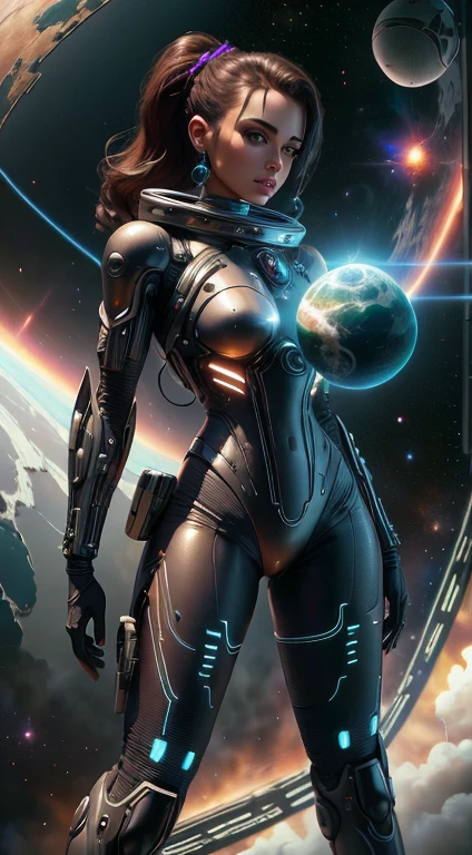 Woman in a spacesuit standing in front of a planet, alto, pernas sexy, pernas longas, pernas sexy, seios grandes, Artgerm Julie Bell Beeple, seios grandes, arte conceitual digital suave, mulher scifi, Deusa ciborgue no cosmos, inspirado em Marek Okon, cgsociedade inspirada, Obra-prima da CGSOCIETY, mulher bonita no traje espacial, CGsociety - W 1 0 2 4 - N 8 - I, traje espacial futurista