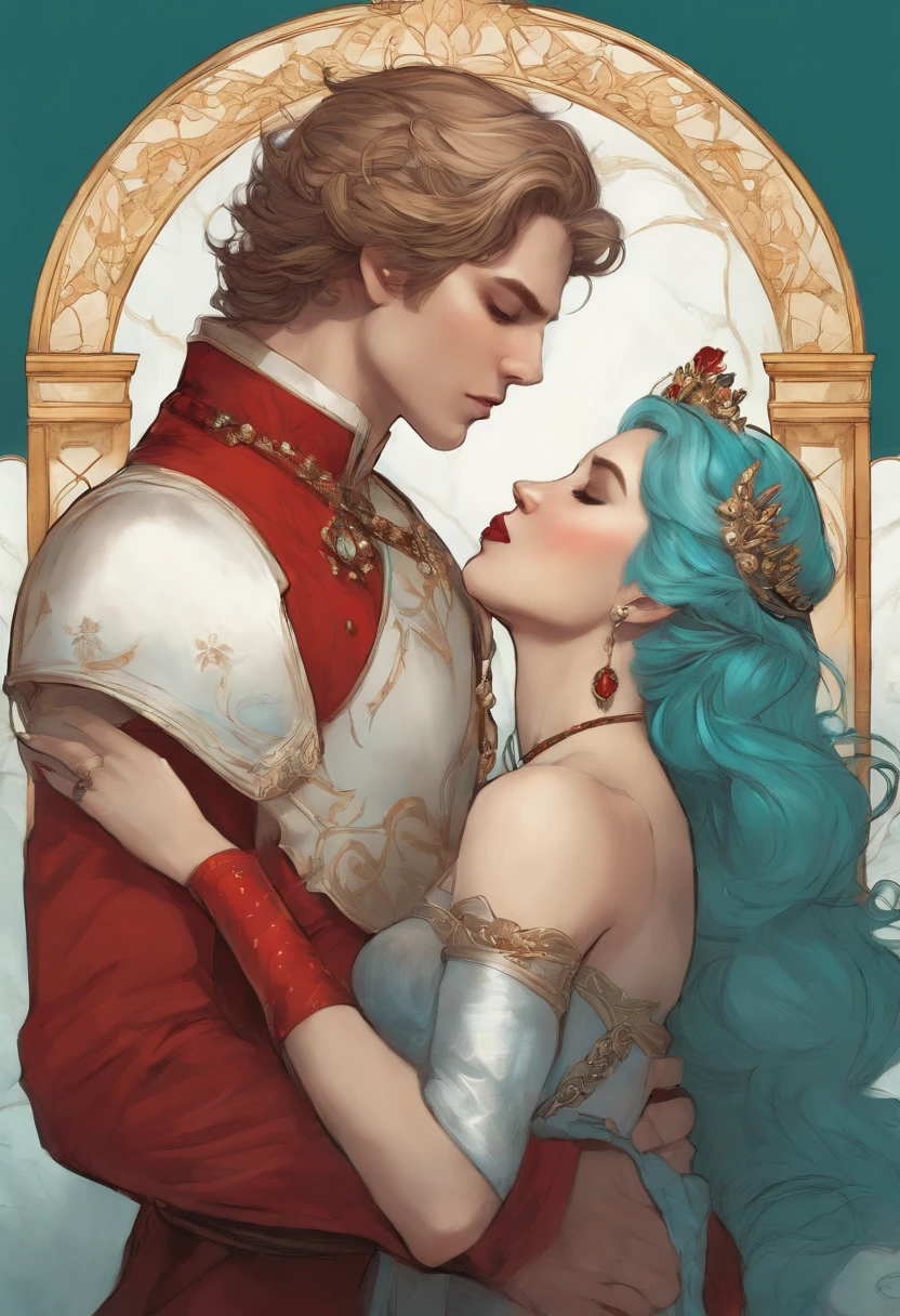 a cartoon boy with a queen kissing him, in the style of eve ventrue, light crimson and cyan, ayami kojima, commission for, fernand toussaint, nonrepresentational, dullcore --ar 3:4 --v 5.2