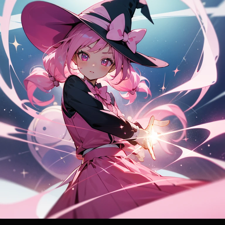 human girl,14years,独奏,Twin-tailed,Pink hair,Big pink eyes,Sparkling eyes,校服,pink blazer,Genki,innocence,animesque,long skirt,Witch,pink there,uses magic,childish,cute little,European style,kirakira,bow ribbon,Precure,witch's hat,frontage,high-level image quality,high quality night sky optic No logo