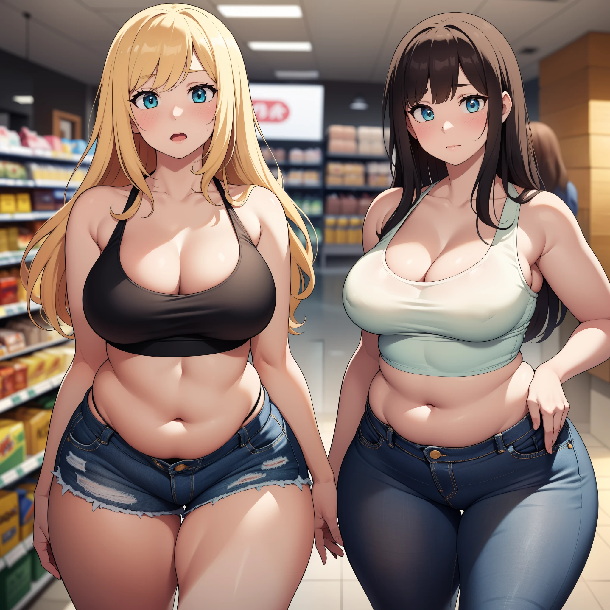 ((high res)), (Masterpiece), perfect anatomy, perfect shading, field of depth, (best quality), extremely delicate and beautiful, perfect lighting, detailed face, ultra cute face, cute, (cowboy shot 1.2), full body, (((2girls))), ((2 girls 1 and 2))
Girl 1: has long hair, fluffy hair, blonde hair, blue eyes, (blush), embarrassed, (crop top 1.2), (jean shorts 1.2), extremely tight clothes, medium breasts, cleavage, perky breasts, ((wide hips)), (thick thighs), (chubby), pudgy belly, fat rolls, belly hang,
Girl 2: has short hair, fluffy hair, brown hair, green eyes, pale skin, (blush), (white tank top 1.2), (jeans 1.2), extremely tight clothes, medium breasts, cleavage, perky breasts, (((wide hips))), ((thick thighs)), (plump), chubby belly, fat rolls, belly hang, she has a jiggly belly,
grocery store, intricate background, detailed background, girls are standing next to each other,