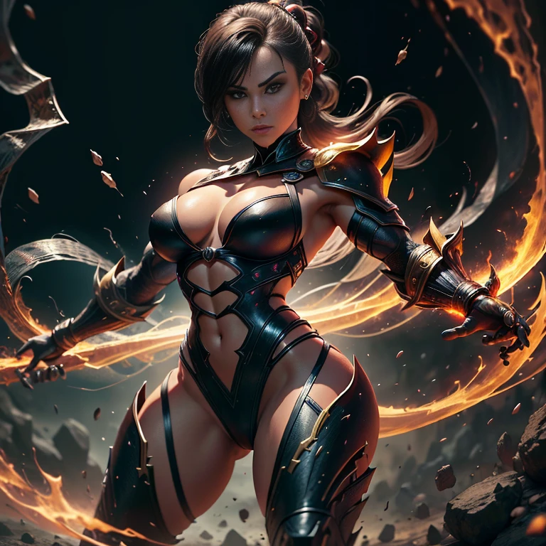 1 mulher, Seios enormes, Mortal Kombat Scorpion Lutadora Feminina. Em traje ninja feminino. Chest appearing ready to fight with fire in hands.