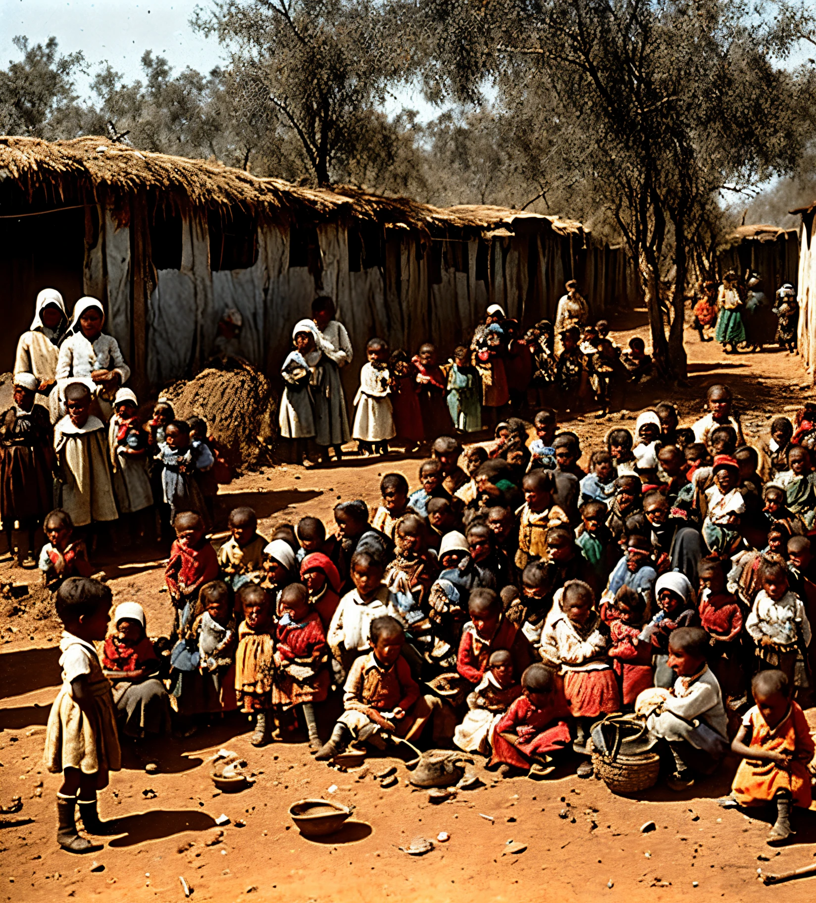 Women and children of the boers suffering, unkept, dirty and crowded in concentration camp during the Anglo-boer war, realistic, 8k