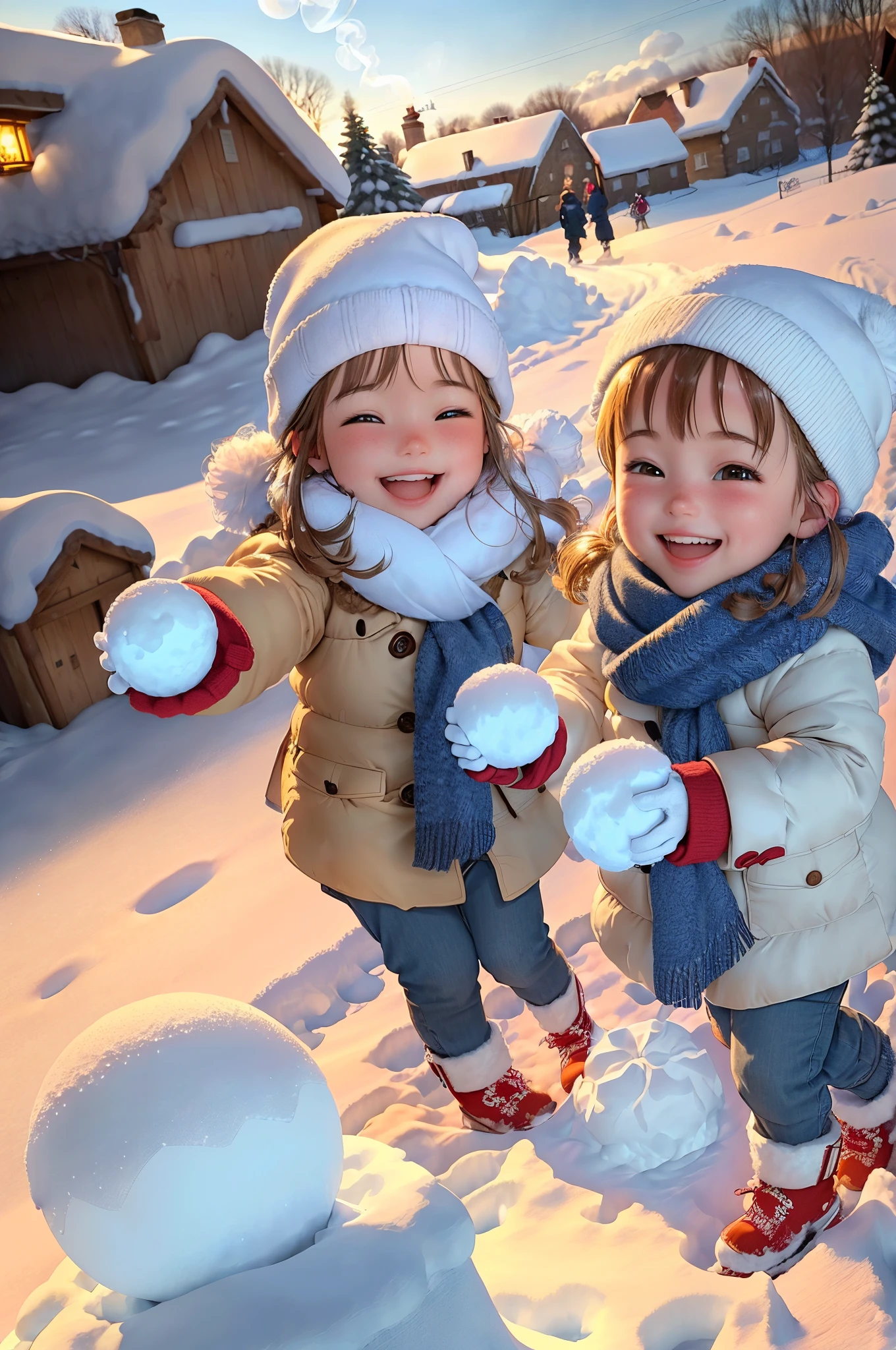 (children playing snowballs in a village), snow-covered landscape, winter wonderland, joyful expressions, dynamic atmosphere, (1 boy & 2 girls), colorful winter clothing, playful movements, (smiling faces:1.2+laughing:1.3), (snowball fight:1.3+snow angels), cozy village ambiance, (smoke rising from chimneys:1.2+bare trees), wide-angle shot